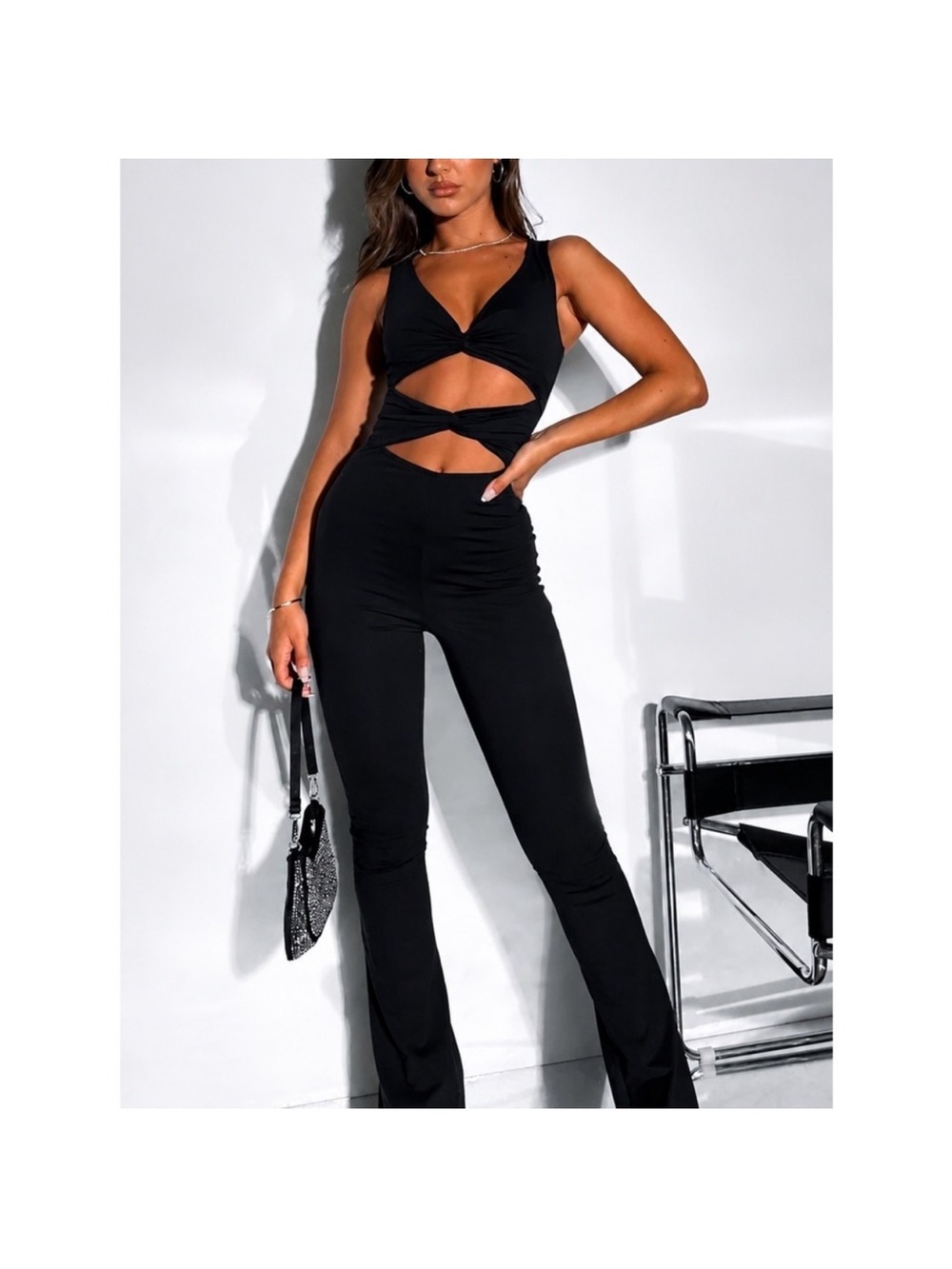 White Fox Cutout Black Jumpsuit with Twist Front